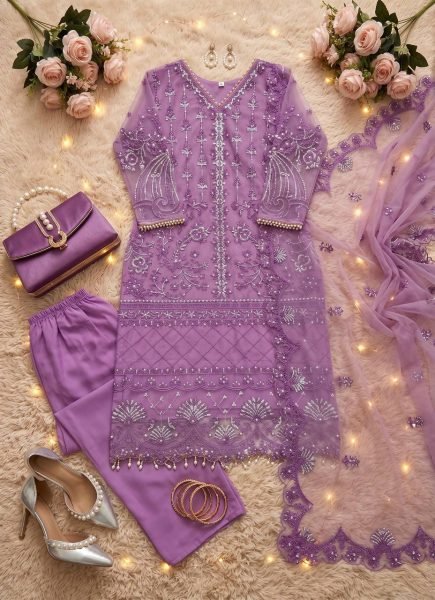 Artistic Purple Party Wear Palazzo Suit with Chinese Sequins Work and Fancy Lace Detailing Ready To Wear Collection