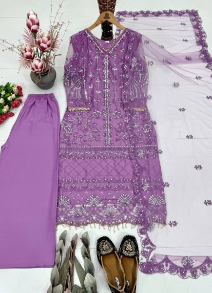 Artistic Purple Party Wear Palazzo Suit with Chinese Sequins Work and Fancy Lace Detailing Ready To Wear Collection