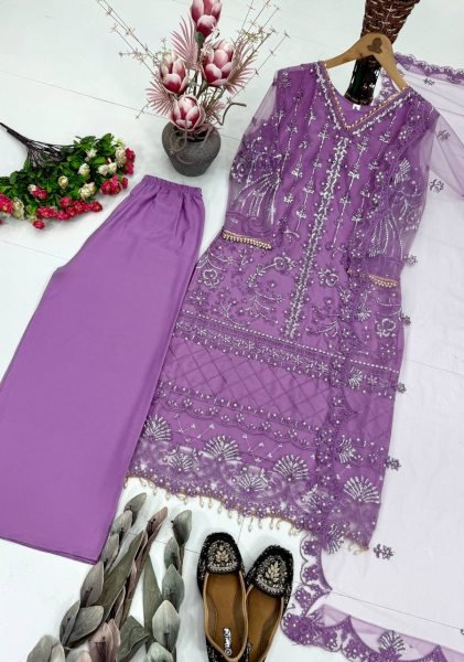 Artistic Purple Party Wear Palazzo Suit with Chinese Sequins Work and Fancy Lace Detailing Ready To Wear Collection