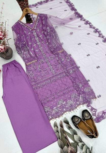 Artistic Purple Party Wear Palazzo Suit with Chinese Sequins Work and Fancy Lace Detailing Ready To Wear Collection