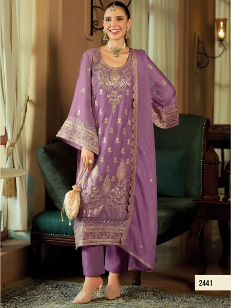 Artistic Purple Premium Soft Organza Kurti Pant Set with Embroidered Dupatta at Wholesale  