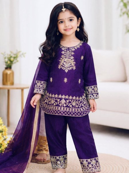 Artistic Purple Stylish Kids Silk Palazzo Set for Festive Occasions Kurtis