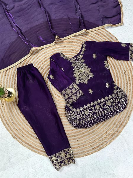 Artistic Purple Stylish Kids Silk Palazzo Set for Festive Occasions Girls Wear