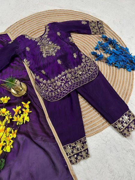 Artistic Purple Stylish Kids Silk Palazzo Set for Festive Occasions Girls Wear