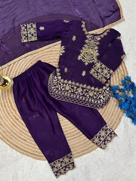 Artistic Purple Stylish Kids Silk Palazzo Set for Festive Occasions Girls Wear