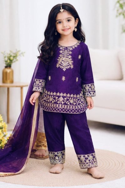 Artistic Purple Stylish Kids Silk Palazzo Set for Festive Occasions Girls Wear