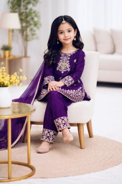 Artistic Purple Stylish Kids Silk Palazzo Set for Festive Occasions Girls Wear