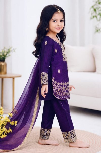 Artistic Purple Stylish Kids Silk Palazzo Set for Festive Occasions Girls Wear