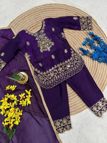 Artistic Purple Stylish Kids Silk Palazzo Set for Festive Occasions Girls Wear