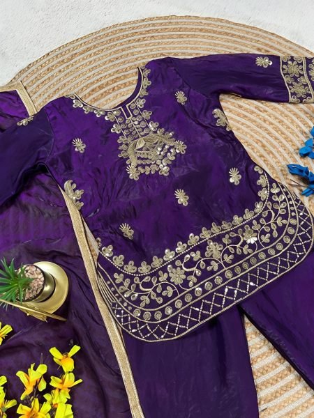Artistic Purple Stylish Kids Silk Palazzo Set for Festive Occasions Girls Wear