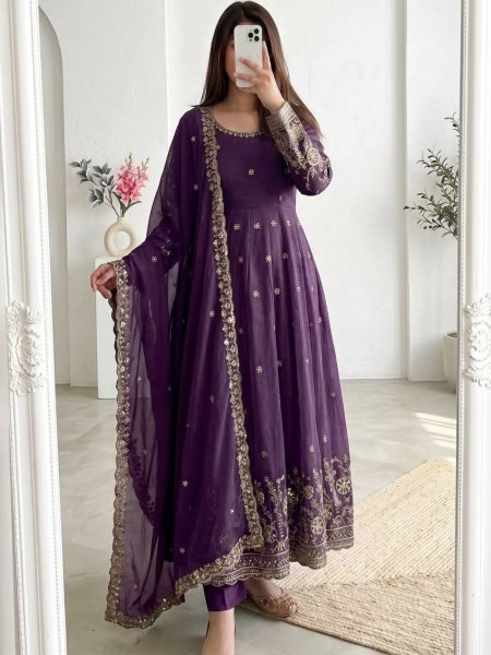 Artistic Purple Women's Heavy Crunchy Silk Gown Set with Designer Embroidered Dupatta Ready To Wear Suit