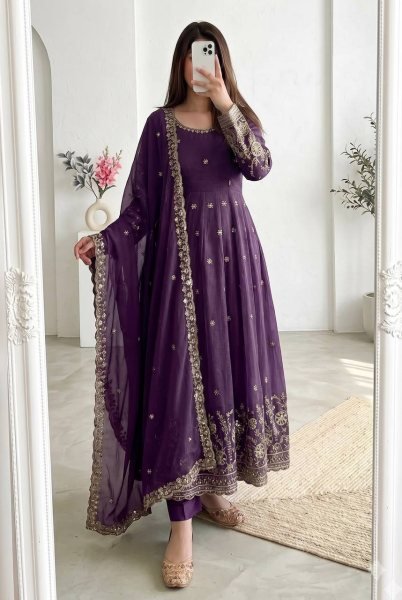 Artistic Purple Women's Heavy Crunchy Silk Gown Set with Designer Embroidered Dupatta Ready To Wear Collection
