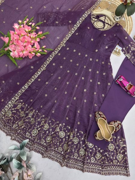 Artistic Purple Women's Heavy Crunchy Silk Gown Set with Designer Embroidered Dupatta Ready To Wear Collection