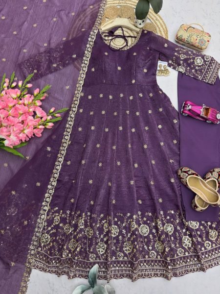 Artistic Purple Women's Heavy Crunchy Silk Gown Set with Designer Embroidered Dupatta Ready To Wear Collection
