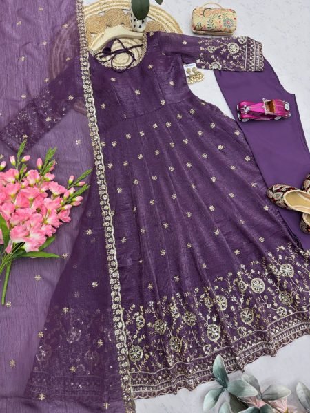Artistic Purple Women's Heavy Crunchy Silk Gown Set with Designer Embroidered Dupatta Ready To Wear Collection