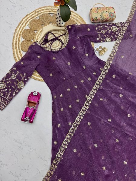 Artistic Purple Women's Heavy Crunchy Silk Gown Set with Designer Embroidered Dupatta Ready To Wear Collection