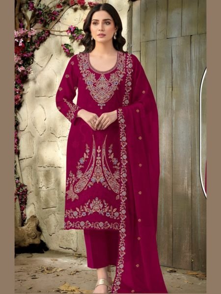 Artistic Rani Pink Velvet Semi Stitched Top Bottom Dupatta Set For Festival Collection  
