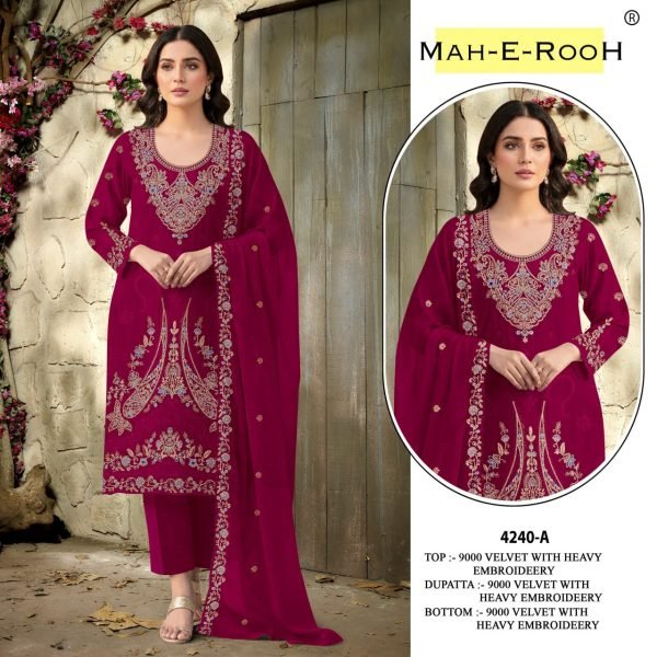 Artistic Rani Pink Velvet Semi Stitched Top Bottom Dupatta Set For Festival Collection  Pakistani Suits Wholesale