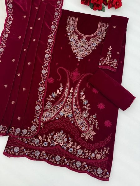 Artistic Rani Pink Velvet Semi Stitched Top Bottom Dupatta Set For Festival Collection  Pakistani Suits Wholesale