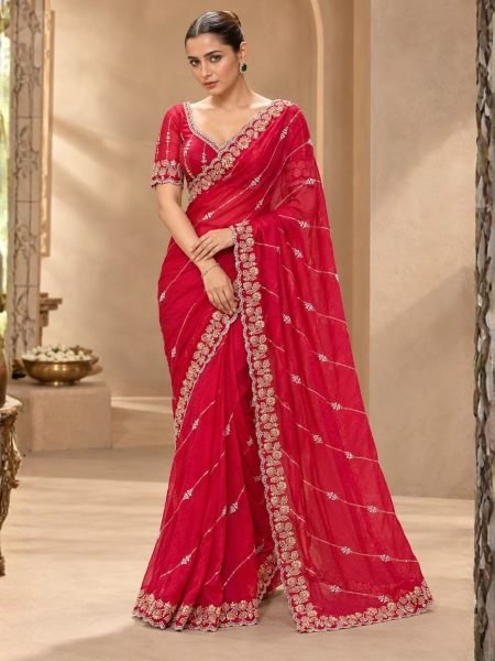 Artistic Red Designer Fendy Satin Silk Saree with Heavy Beads Embroidery for Party 
