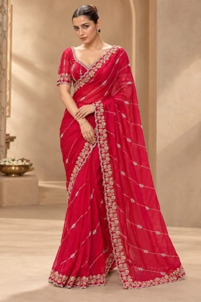 Artistic Red Designer Fendy Satin Silk Saree with Heavy Beads Embroidery for Party Silk Sarees Wholesale