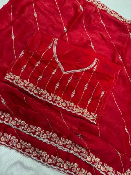 Artistic Red Designer Fendy Satin Silk Saree with Heavy Beads Embroidery for Party Silk Sarees Wholesale