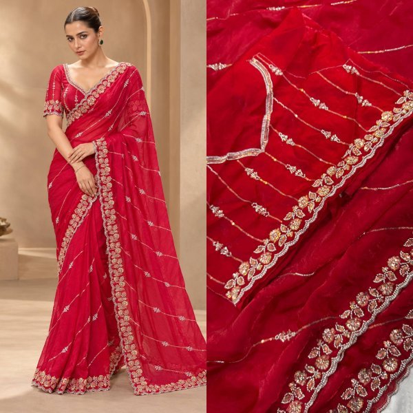 Artistic Red Designer Fendy Satin Silk Saree with Heavy Beads Embroidery for Party Silk Sarees Wholesale