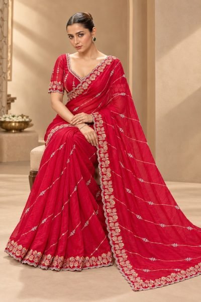 Artistic Red Designer Fendy Satin Silk Saree with Heavy Beads Embroidery for Party Silk Sarees Wholesale