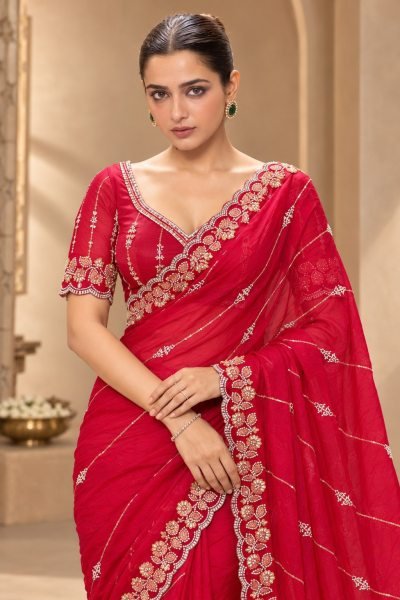 Artistic Red Designer Fendy Satin Silk Saree with Heavy Beads Embroidery for Party Silk Sarees Wholesale