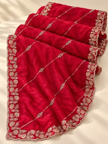 Artistic Red Designer Fendy Satin Silk Saree with Heavy Beads Embroidery for Party Silk Sarees Wholesale