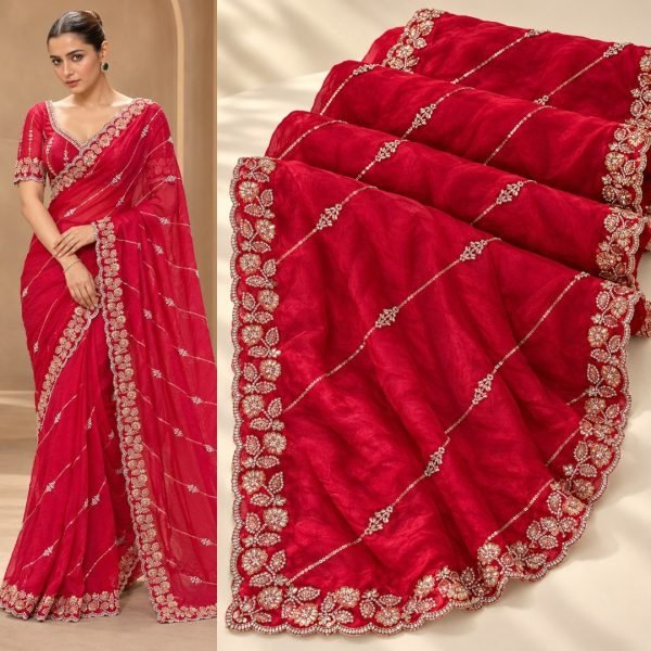 Artistic Red Designer Fendy Satin Silk Saree with Heavy Beads Embroidery for Party Silk Sarees Wholesale