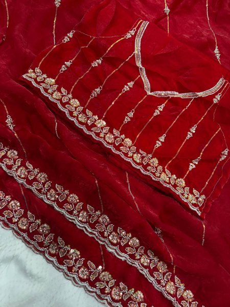 Artistic Red Designer Fendy Satin Silk Saree with Heavy Beads Embroidery for Party Silk Sarees Wholesale