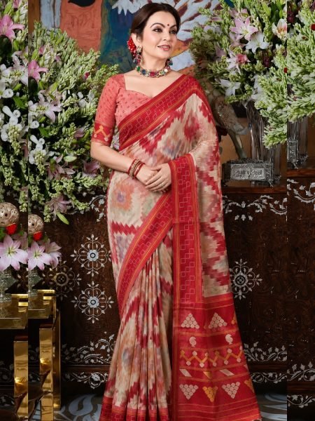 Artistic Red Designer Jacquard Saree with Rich Pallu and Digital Print Sarees 