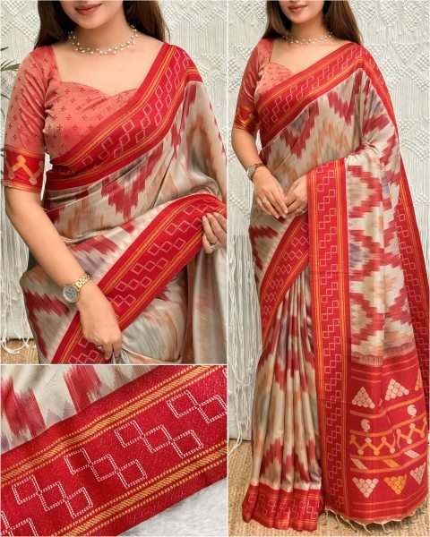 Artistic Red Designer Jacquard Saree with Rich Pallu and Digital Print Silk Sarees Wholesale