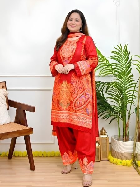 Artistic Red Designer Maslin Kurti with Full Inner and Intricate Embroidery for Festival 
