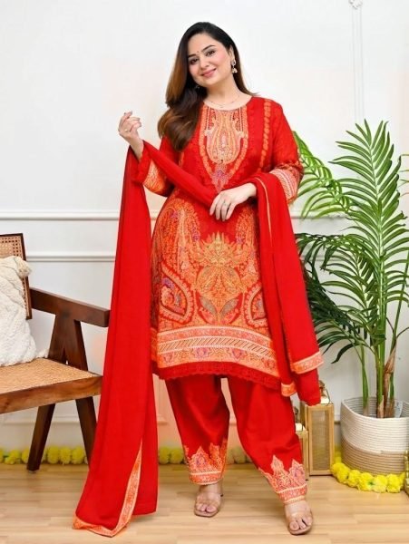 Artistic Red Designer Maslin Kurti with Full Inner and Intricate Embroidery for Festival Embroidery Kurtis 
