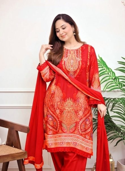 Artistic Red Designer Maslin Kurti with Full Inner and Intricate Embroidery for Festival Embroidery Kurtis 