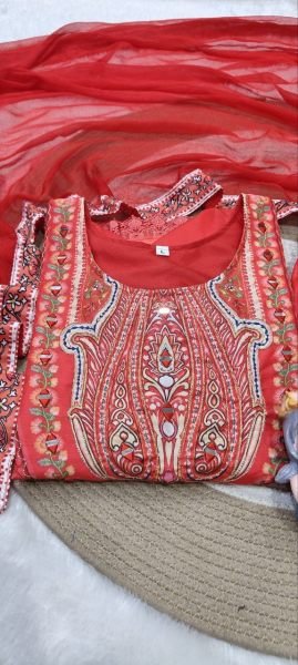 Artistic Red Designer Maslin Kurti with Full Inner and Intricate Embroidery for Festival Embroidery Kurtis 