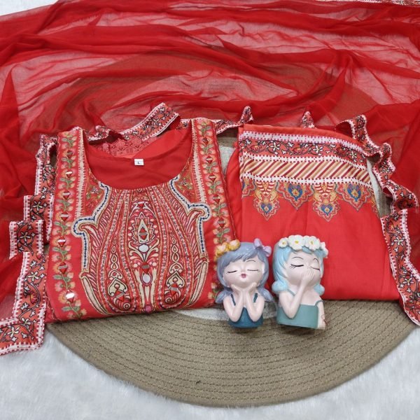 Artistic Red Designer Maslin Kurti with Full Inner and Intricate Embroidery for Festival Embroidery Kurtis 