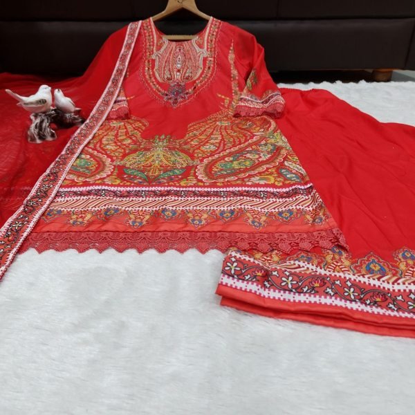 Artistic Red Designer Maslin Kurti with Full Inner and Intricate Embroidery for Festival Embroidery Kurtis 