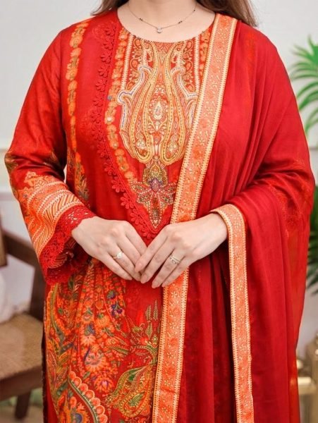Artistic Red Designer Maslin Kurti with Full Inner and Intricate Embroidery for Festival Embroidery Kurtis 