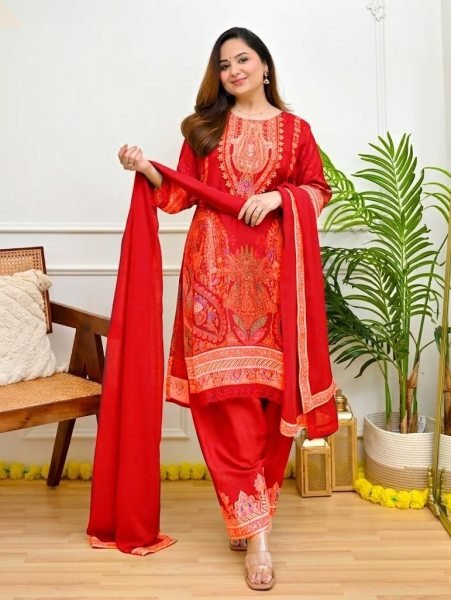 Artistic Red Designer Maslin Kurti with Full Inner and Intricate Embroidery for Festival Embroidery Kurtis 