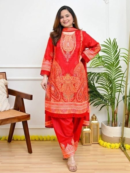 Artistic Red Designer Maslin Kurti with Full Inner and Intricate Embroidery for Festival Embroidery Kurtis 