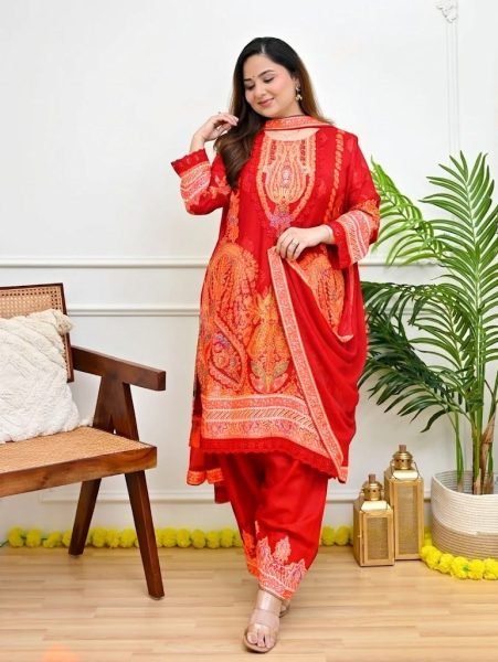 Artistic Red Designer Maslin Kurti with Full Inner and Intricate Embroidery for Festival Embroidery Kurtis 