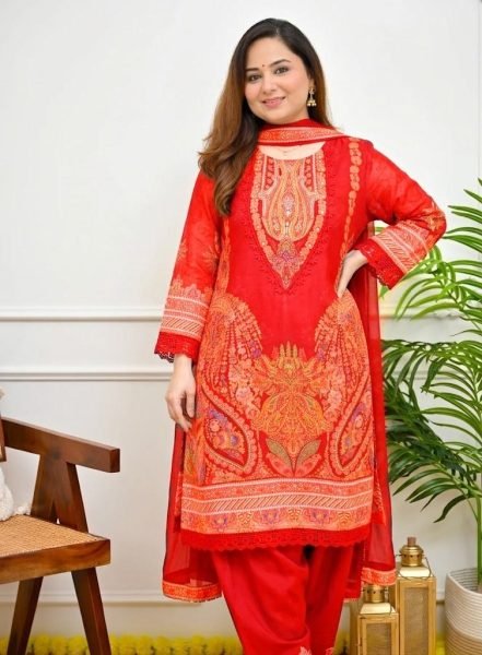 Artistic Red Designer Maslin Kurti with Full Inner and Intricate Embroidery for Festival Embroidery Kurtis 