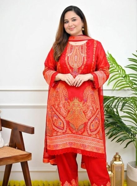 Artistic Red Designer Maslin Kurti with Full Inner and Intricate Embroidery for Festival Embroidery Kurtis 