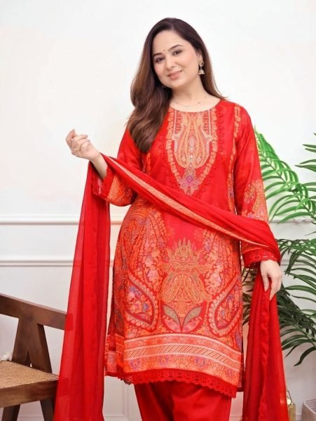Artistic Red Designer Maslin Kurti with Full Inner and Intricate Embroidery for Festival Embroidery Kurtis 