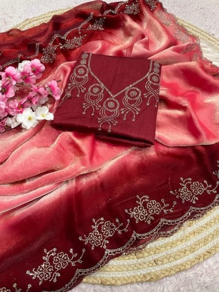 Artistic Red Heavy Jarkan Work Saree With Designer Unstitch Blouse For Party 