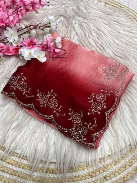Artistic Red Heavy Jarkan Work Saree With Designer Unstitch Blouse For Party Silk Sarees Wholesale