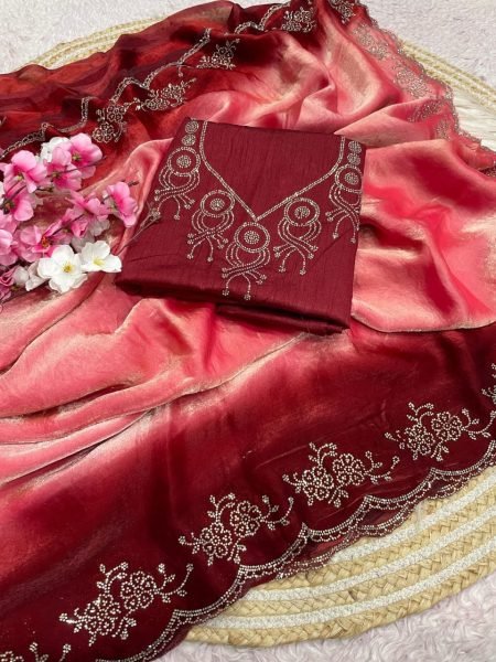 Artistic Red Heavy Jarkan Work Saree With Designer Unstitch Blouse For Party Silk Sarees Wholesale